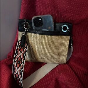 Stylish Hammitt Woven Bag with Patterned Shoulder Strap and black wallet. 8”x 8”